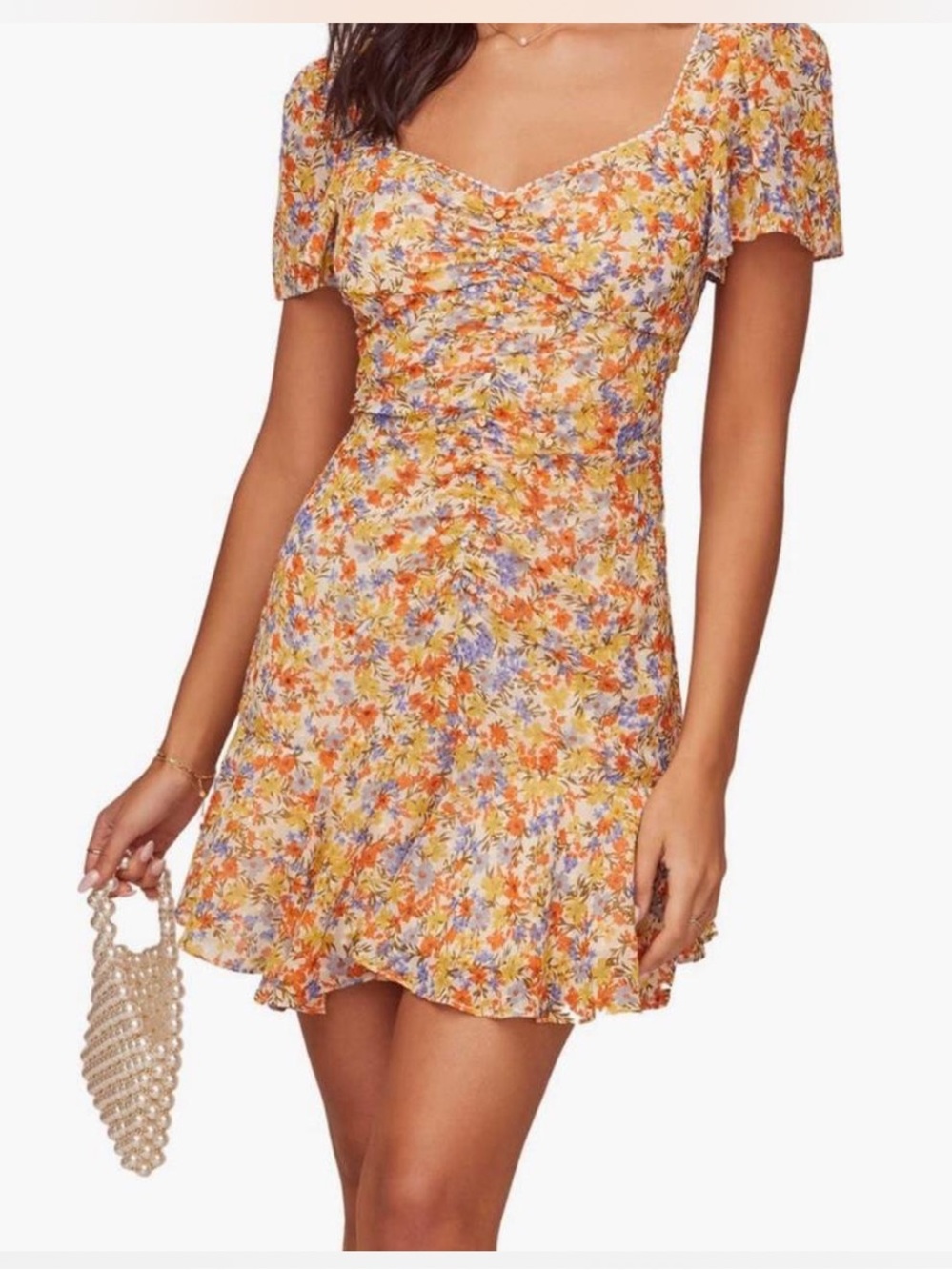 ASTR Yellow Floral Sweetheart Mini Dress with Puff Sleeves